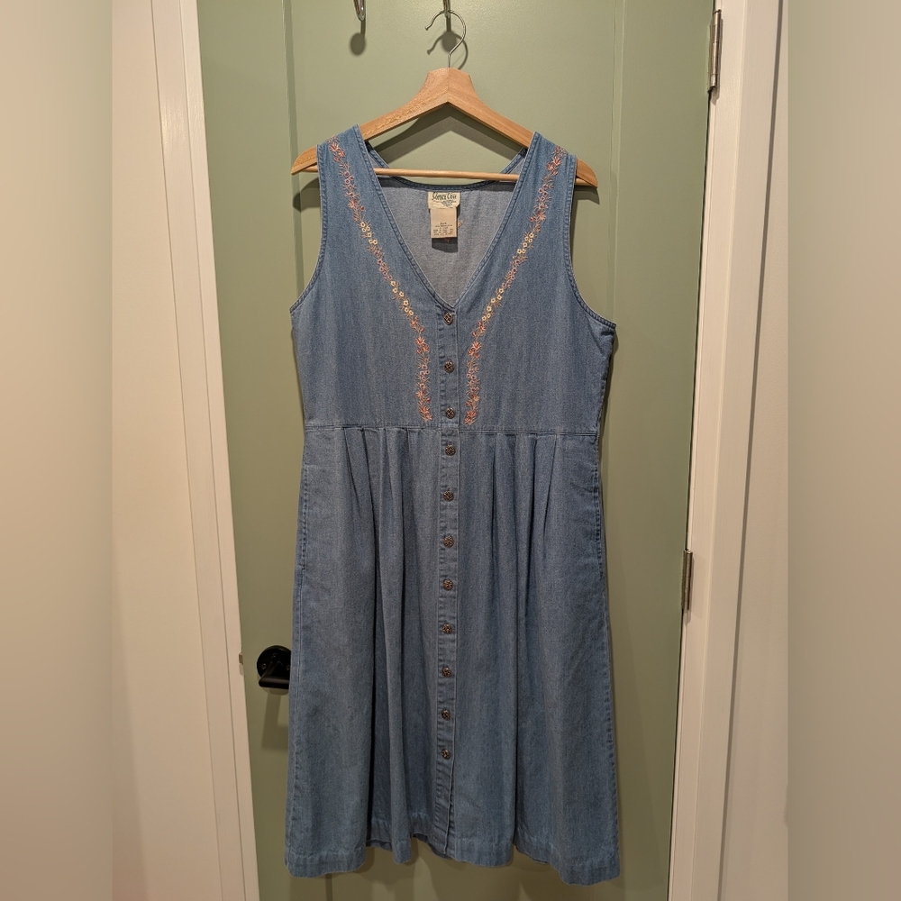Blue Embroidered Button-Down Midi Dress